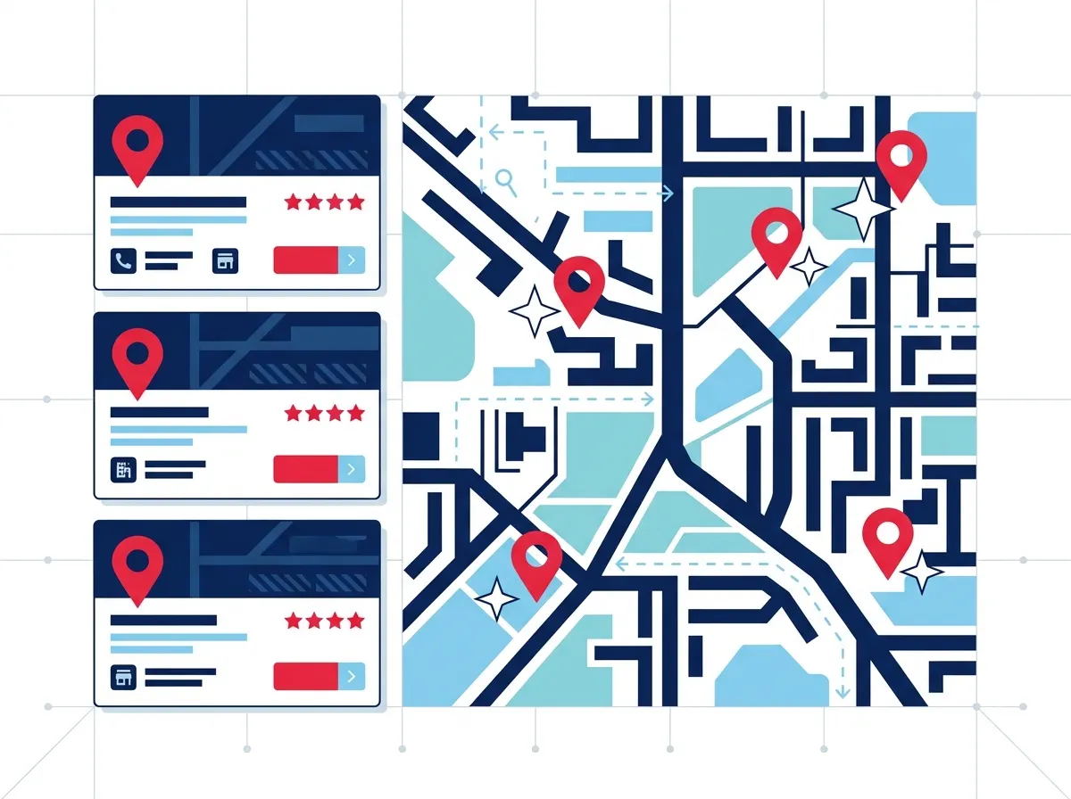 Stylized map pack with three anonymous local business result cards beside a pinned map